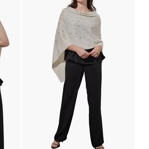 Ming Wang Faux Pearl Embellished Cashmere Wool Blend Boat Neck Poncho - Picture 5 of 13